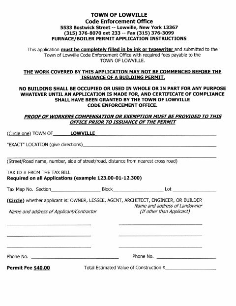 First page of the Furnace/Boiler Permit Application