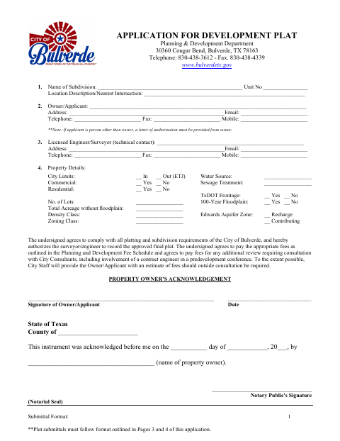 First page of the Development Plat Application