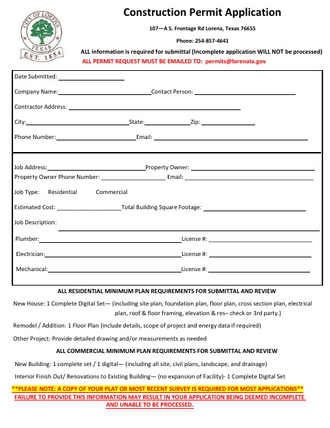 First page of the Construction Permit Application
