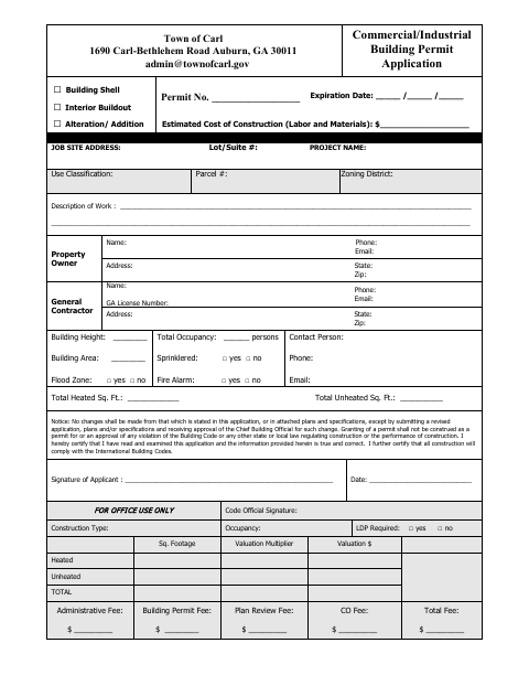 First page of the Commercial/Industrial Building Permit Application