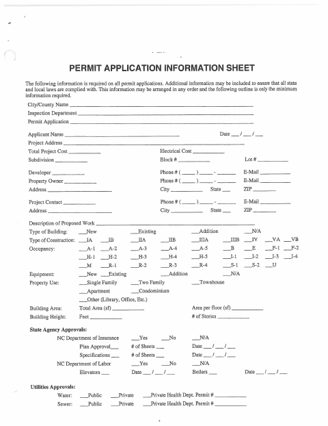 First page of the Permit Application Information Sheet