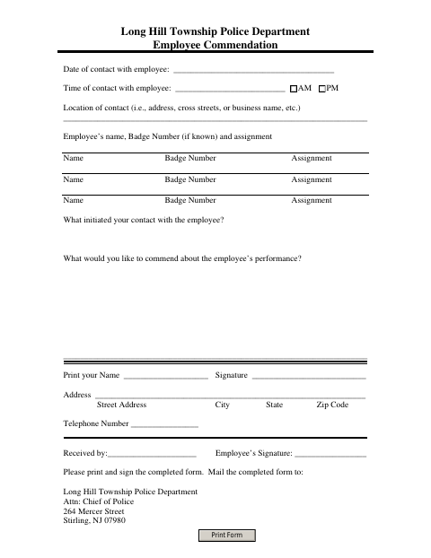 First page of the Police Department Employee Commendation