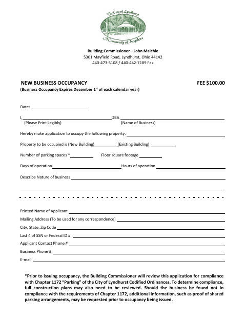 First page of the New Business Occupancy Application