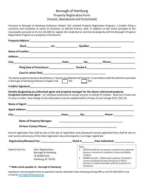 First page of the Property Registration Form (Vacant, Abandoned and Foreclosed)