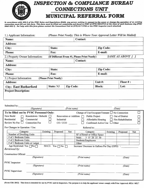 First page of the PVSC Municipal Referral Form