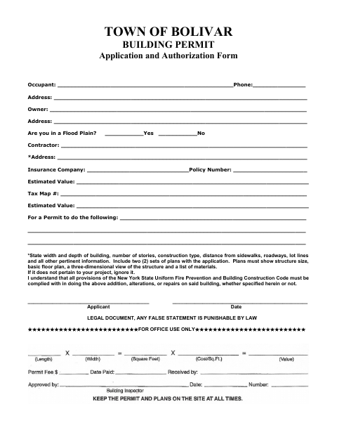 First page of the Building Permit Application and Authorization Form
