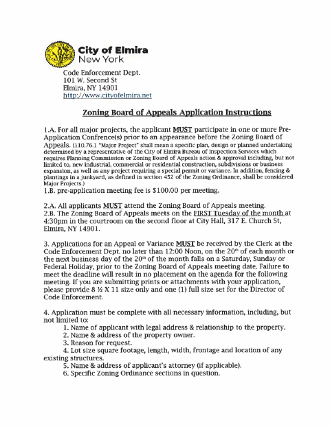 First page of the Zoning Board of Appeals Application