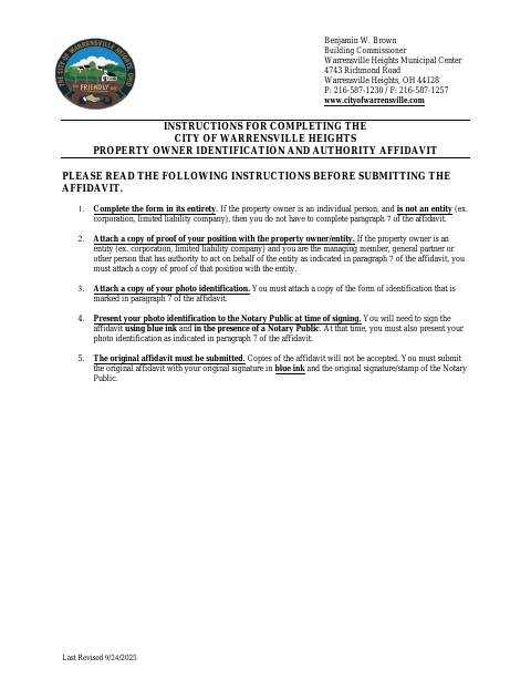 First page of the Property Owner Identification and Authority Affidavit