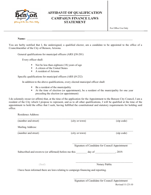 First page of the Affidavit of Qualification