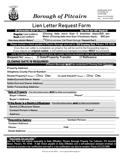 First page of the Lien Letter Request Form