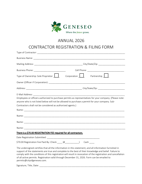 First page of the Annual 2026 Contractor Registration & Filing Form