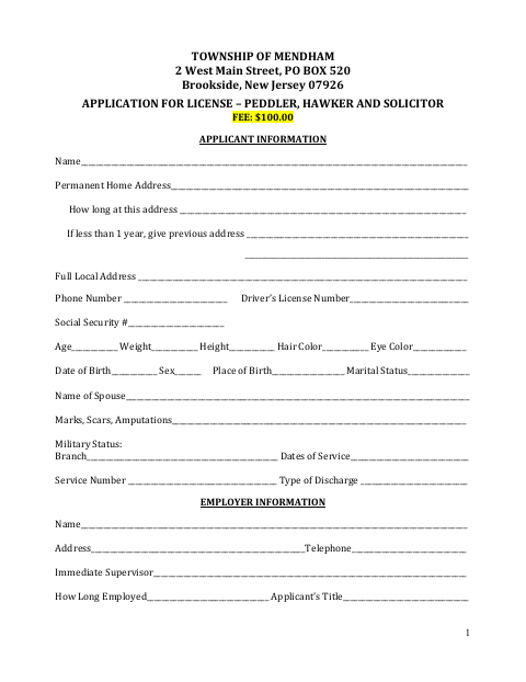 First page of the Application for License – Peddler, Hawker and Solicitor