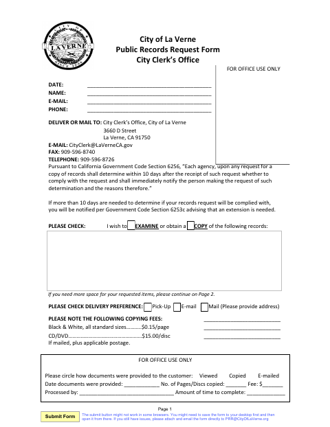 First page of the Public Records Request Form