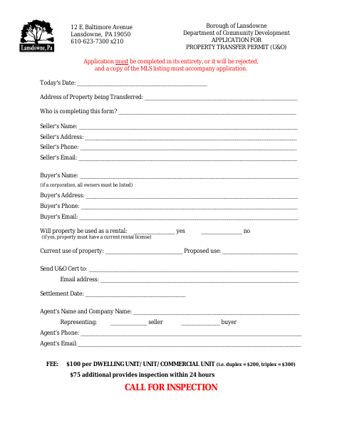 First page of the Application for Property Transfer Permit (U&O)