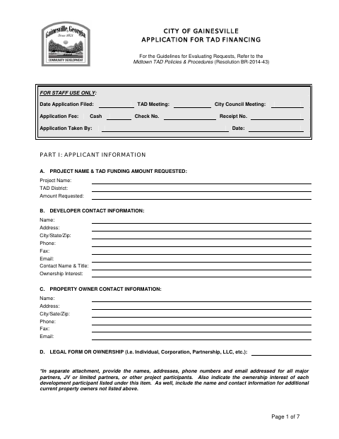 First page of the Application for TAD Financing