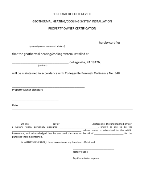 First page of the Geothermal Heating/Cooling System Installation Property Owner Certification