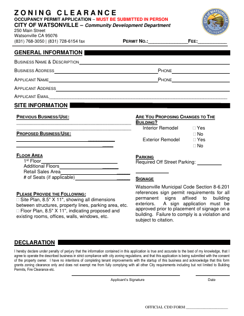 First page of the Zoning Clearance Occupancy Permit Application