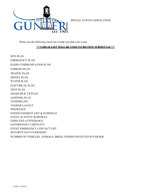 First page of the Special Events Application