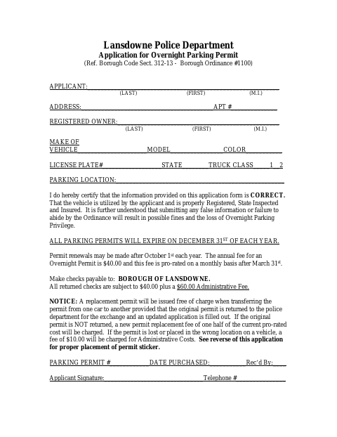 First page of the Application for Overnight Parking Permit