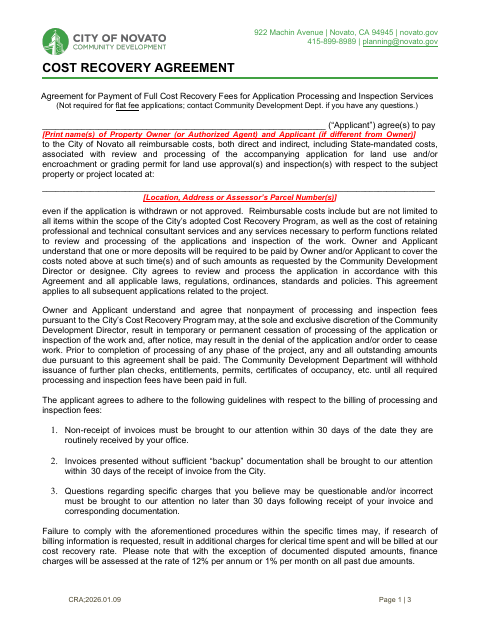First page of the Cost Recovery Agreement