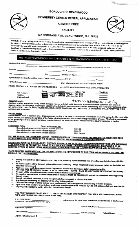 First page of the Community Center Rental Application
