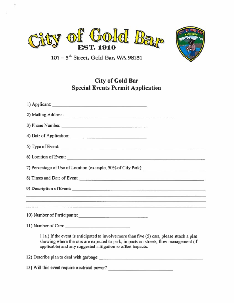 First page of the Special Events Permit Application
