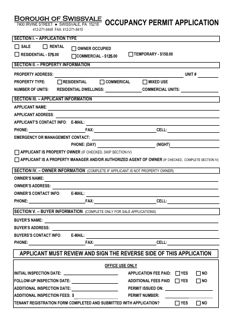 First page of the Occupancy Permit Application