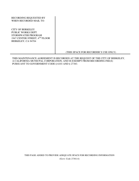 First page of the Stormwater Treatment Measures and Hydromodification Management Controls Maintenance Agreement