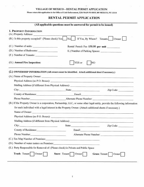 First page of the Village Rental Permit Application