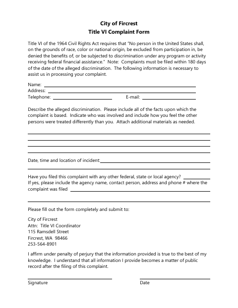 First page of the Title VI Complaint Form