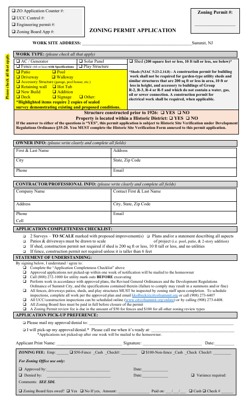 First page of the Zoning Permit Application