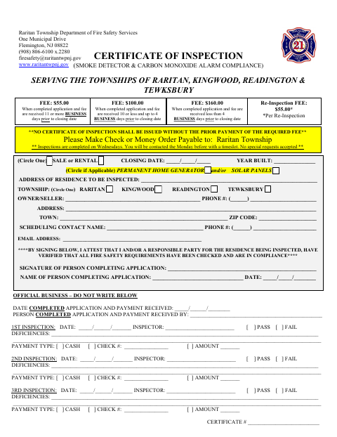 First page of the Certificate of Inspection Application (Smoke Detector and Carbon Monoxide Alarm Compliance)