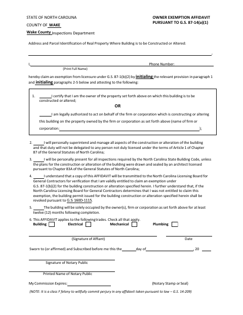 First page of the Owner Exemption Affidavit