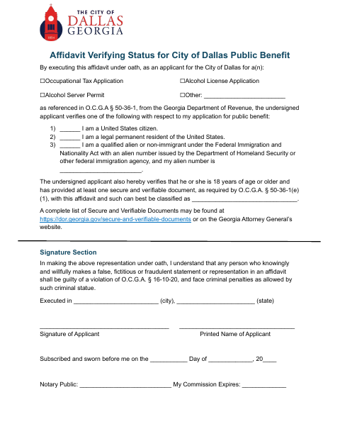 First page of the Affidavit Verifying Status for City Public Benefit