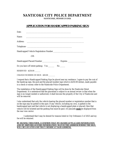 First page of the Application for Handicapped Parking Sign