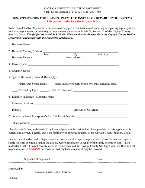 First page of the Application for Business Permit to Install or Repair Septic Systems