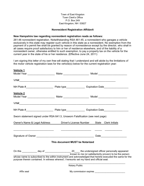 First page of the Nonresident Registration Affidavit