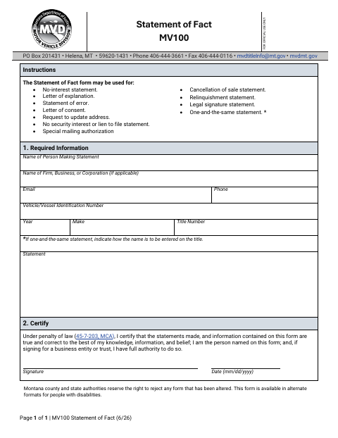 First page of the Montana Vehicle Statement of Fact (MV100)