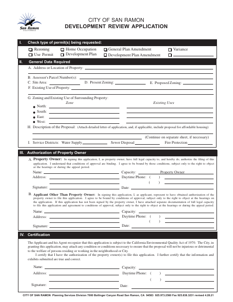 First page of the Development Review Application