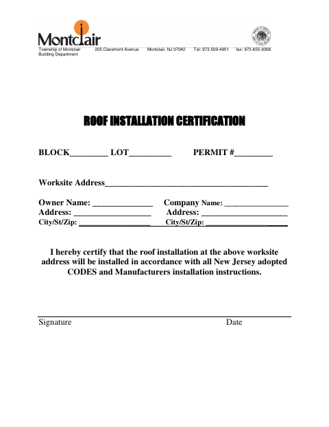 First page of the Roof Installation Certification
