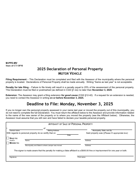 First page of the Motor Vehicle Personal Property Declaration