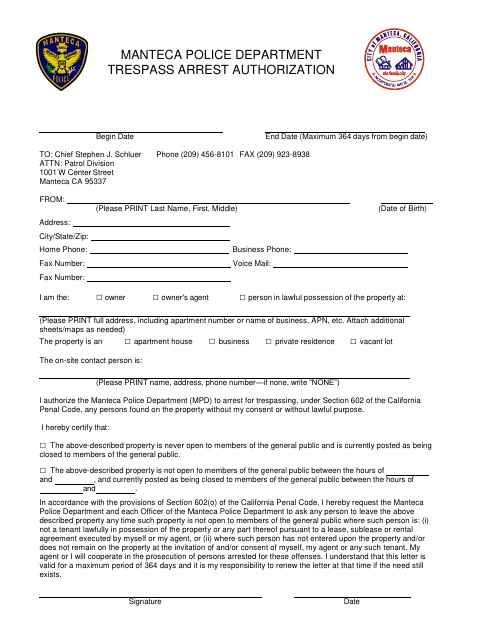 First page of the Trespass Arrest Authorization