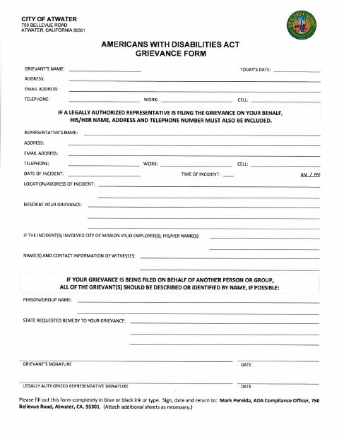 First page of the ADA Grievance Form