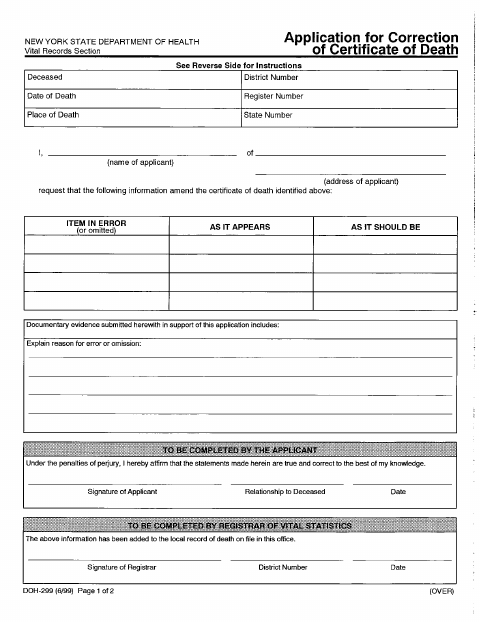 First page of the Application for Correction of Certificate of Death