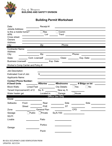 First page of the Occupancy Load Verification