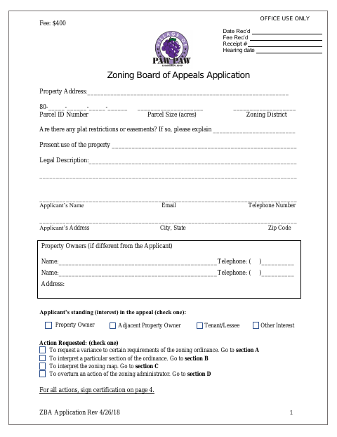 First page of the Zoning Board of Appeals Application
