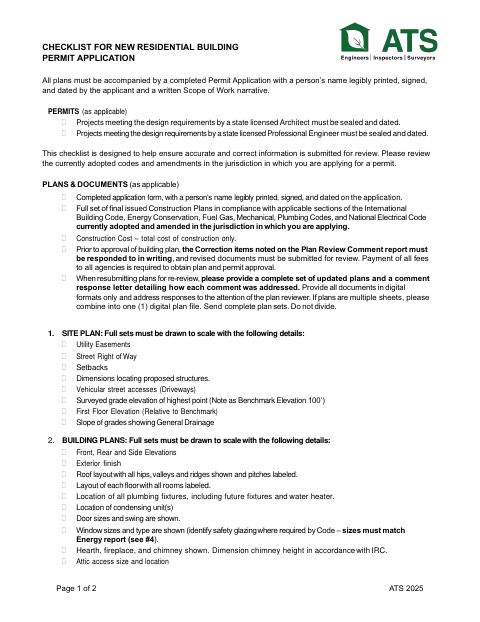 First page of the Checklist for New Residential Building Permit Application