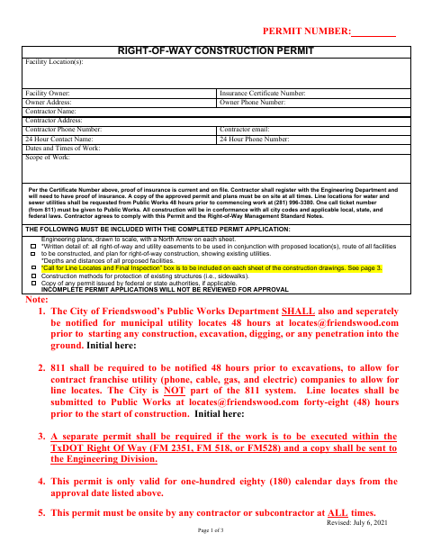 First page of the Right-of-Way Construction Permit