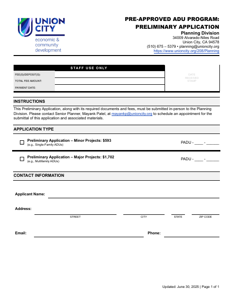 First page of the Pre-Approved ADU Program: Preliminary Application