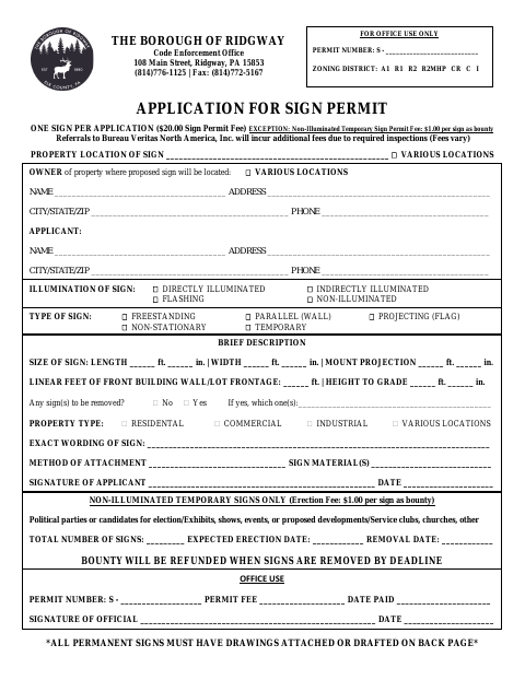 First page of the Application for Sign Permit